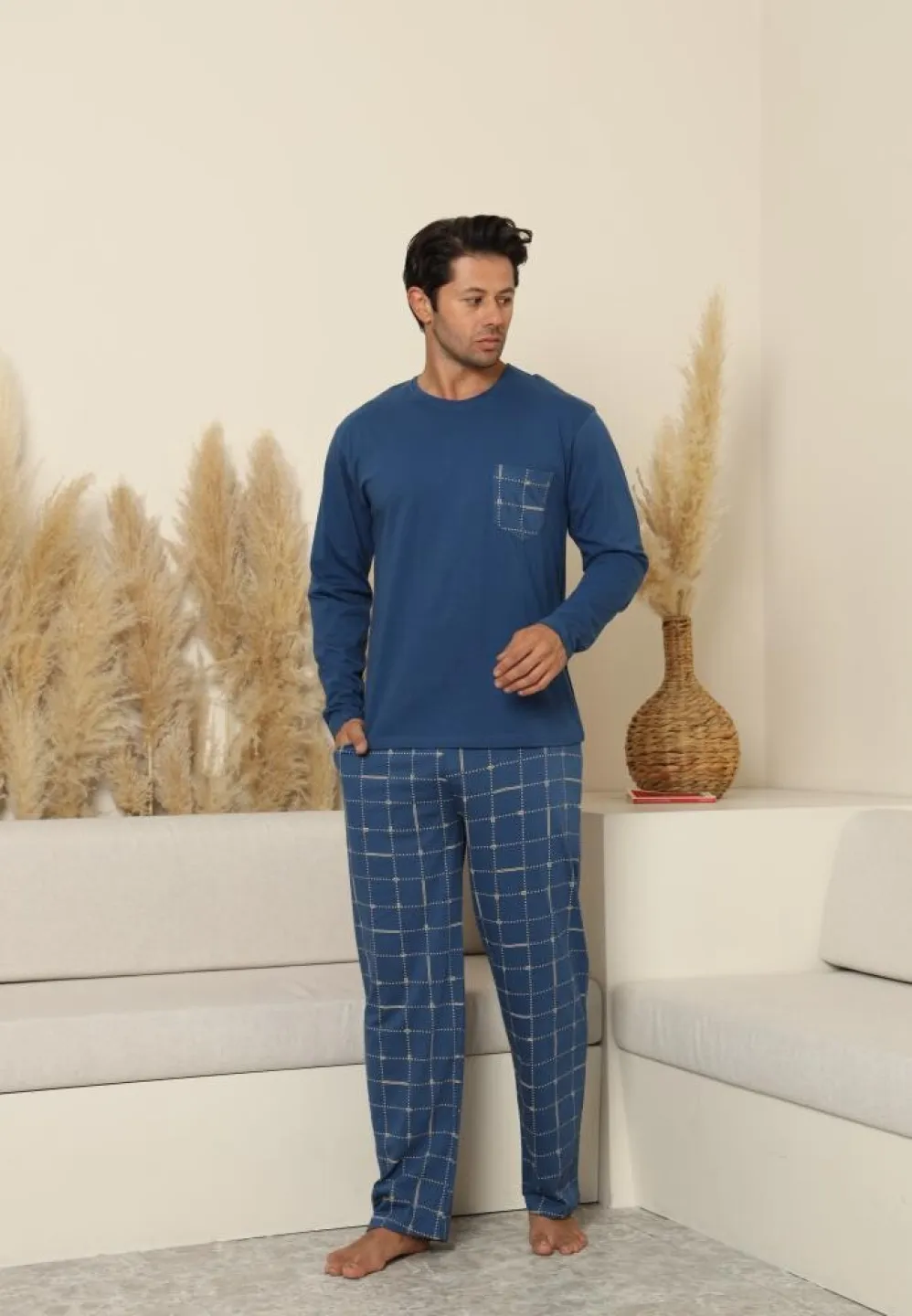 Pijama bărbați cu pantaloni lungi și mânecă lungă, albastru, cu buzunare - 3