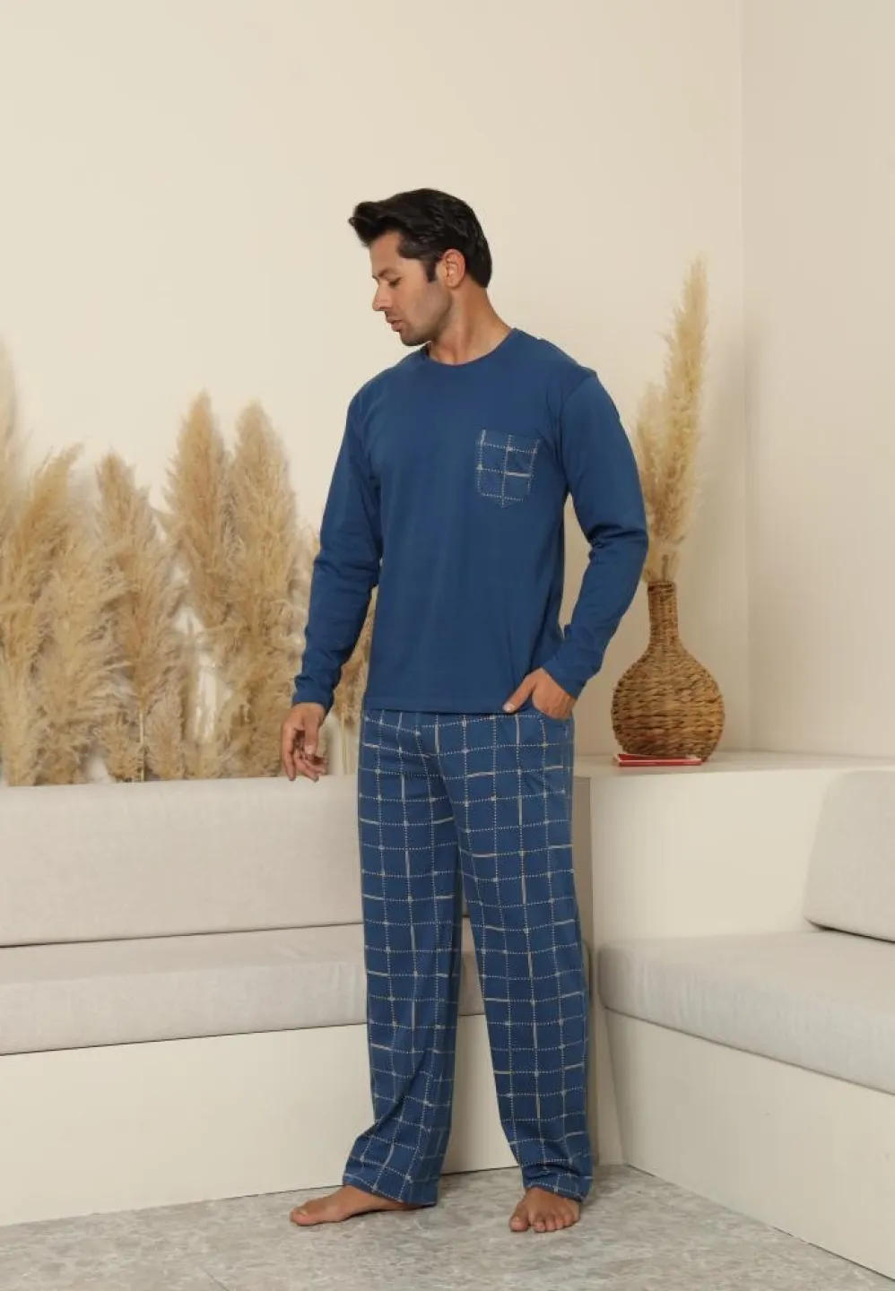 Pijama bărbați cu pantaloni lungi și mânecă lungă, albastru, cu buzunare - 4