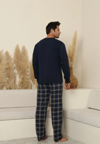 Pijama bărbați, bleumarin, mânecă lungă și pantaloni lungi cu buzunare hover