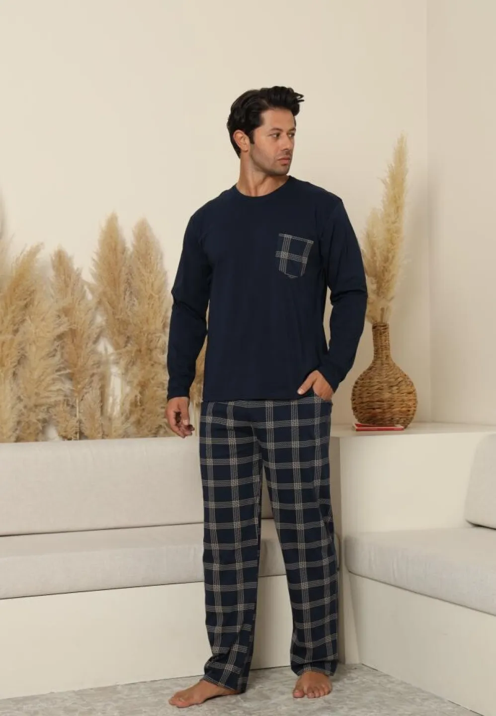 Pijama bărbați, bleumarin, mânecă lungă și pantaloni lungi cu buzunare - 1