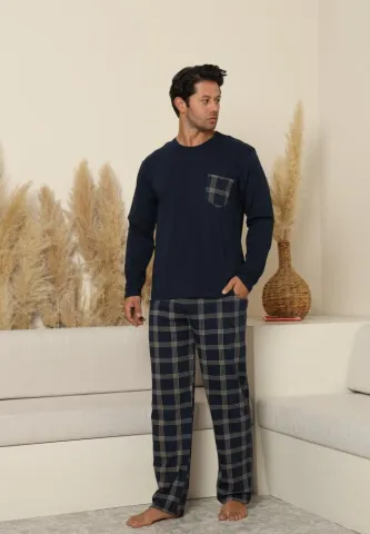 Pijama bărbați, bleumarin, mânecă lungă și pantaloni lungi cu buzunare