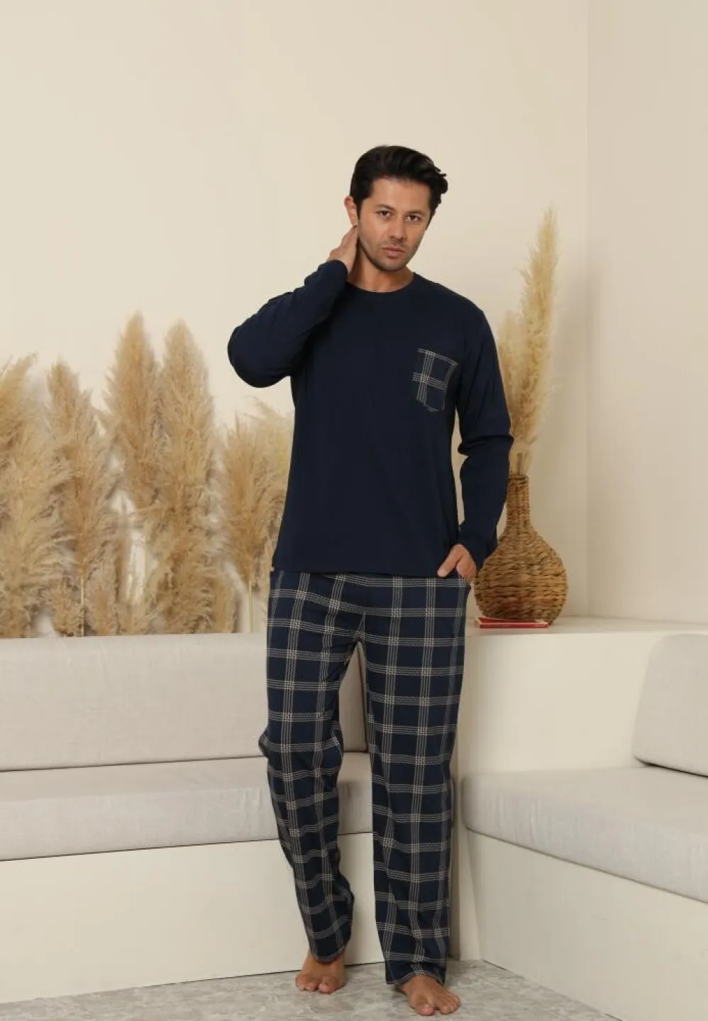Pijama bărbați, bleumarin, mânecă lungă și pantaloni lungi cu buzunare - 3
