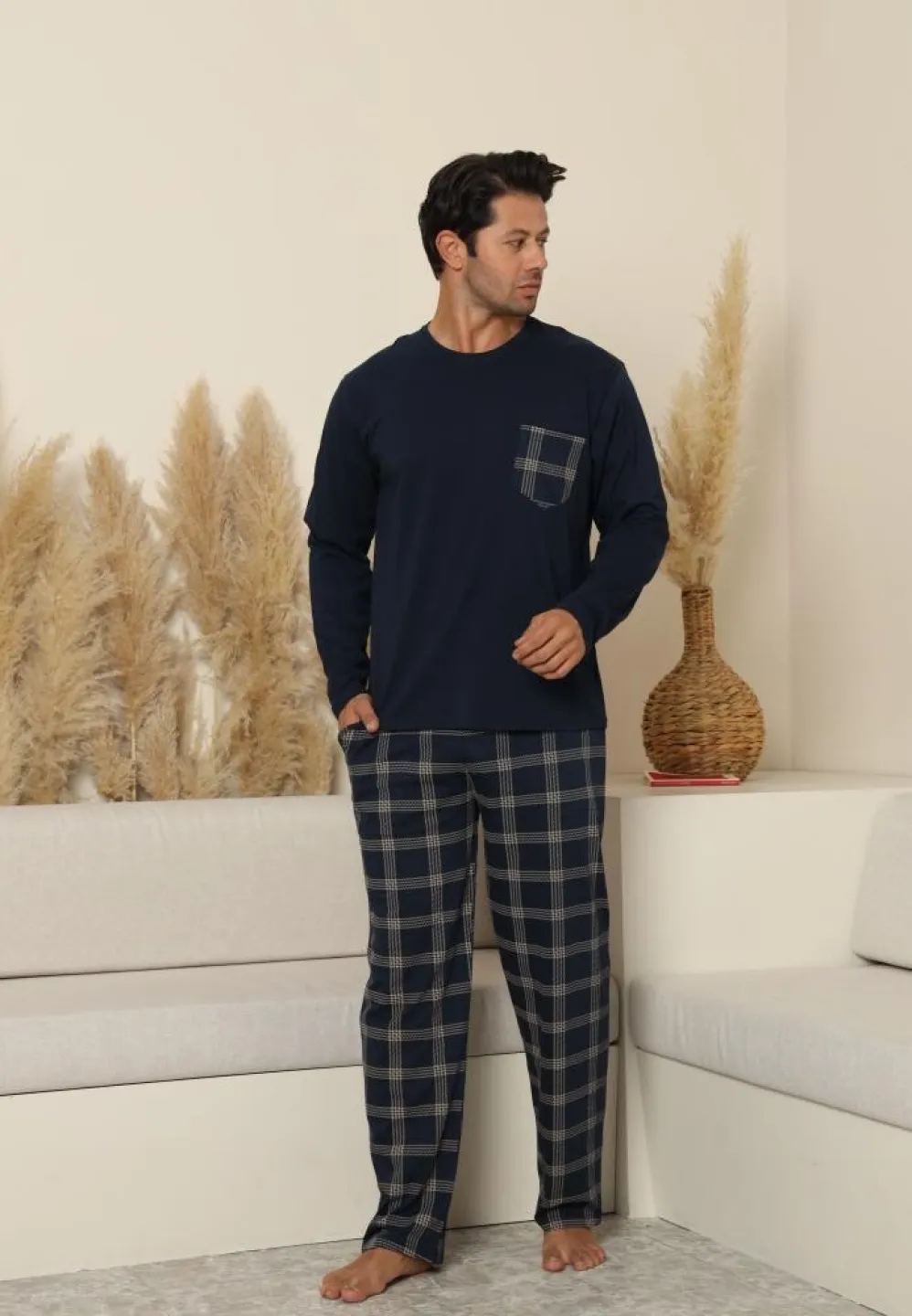 Pijama bărbați, bleumarin, mânecă lungă și pantaloni lungi cu buzunare - 4
