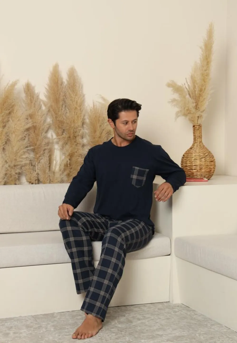 Pijama bărbați, bleumarin, mânecă lungă și pantaloni lungi cu buzunare - 5