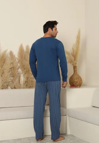 Pijama bărbați cu pantaloni lungi și mânecă lungă, Albastru, cu buzunare dungi hover