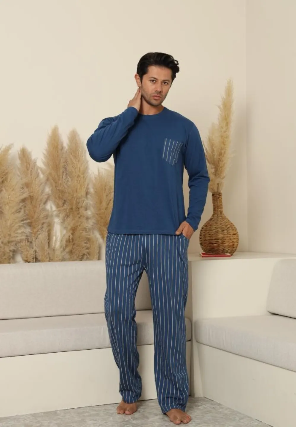 Pijama bărbați cu pantaloni lungi și mânecă lungă, Albastru, cu buzunare dungi - 3