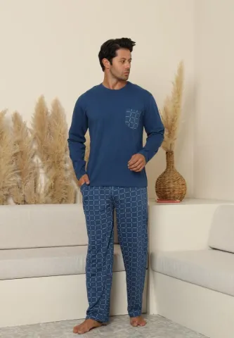 Pijama bărbați cu pantaloni lungi și mânecă lungă, Albastru, cu buzunare dungi