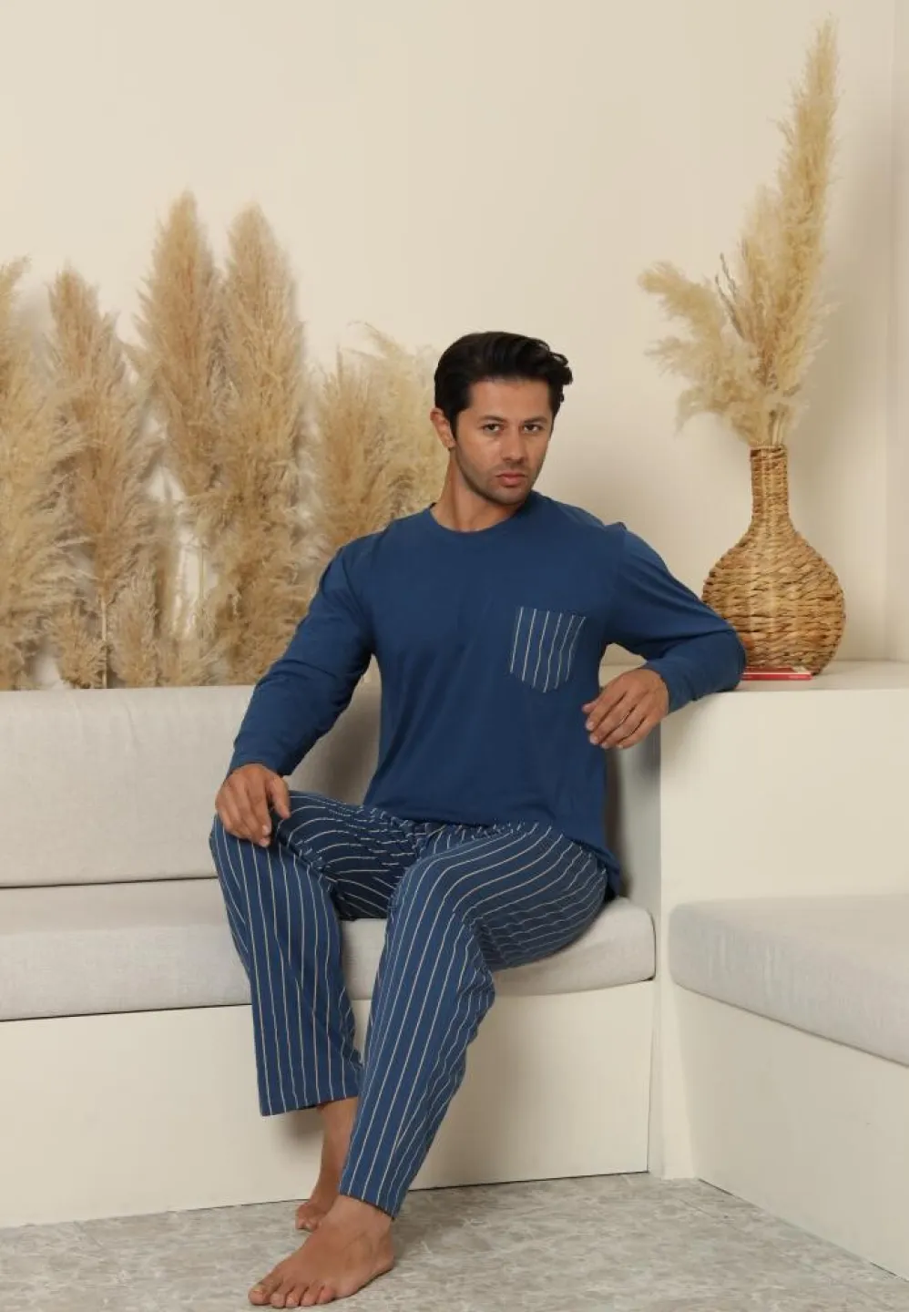 Pijama bărbați cu pantaloni lungi și mânecă lungă, Albastru, cu buzunare dungi - 4