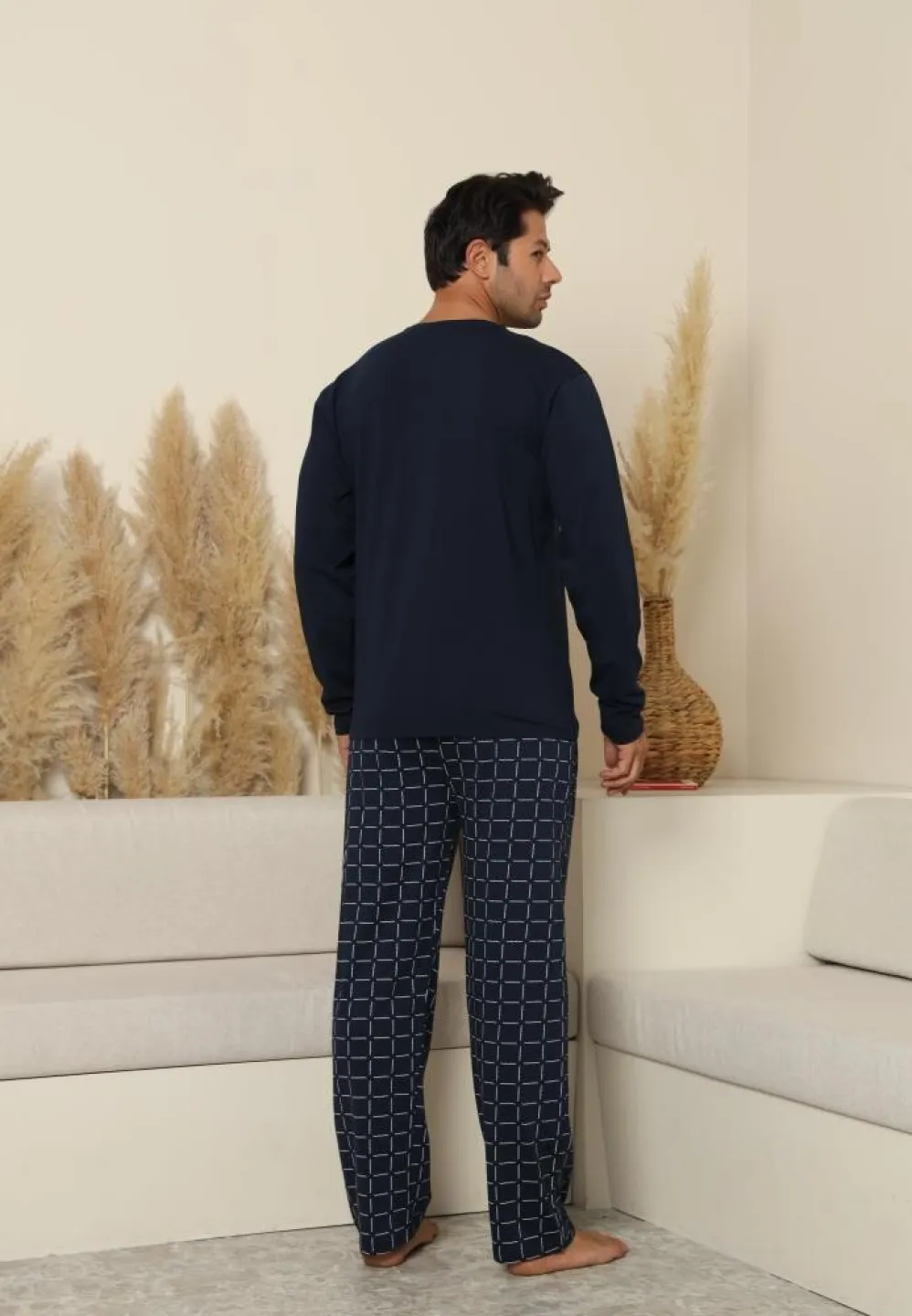 Pijama bărbați cu carou, cu mânecă lungă și pantaloni lungi, cu buzunare, Bleumarin - 2