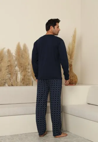 Pijama bărbați cu carou, cu mânecă lungă și pantaloni lungi, cu buzunare, Bleumarin hover