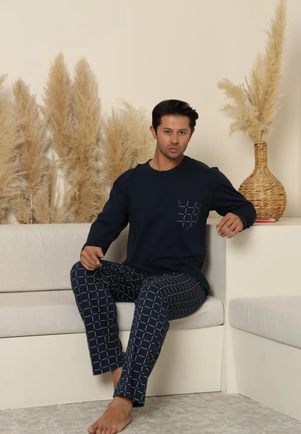 Pijama bărbați cu carou, cu mânecă lungă și pantaloni lungi, cu buzunare, Bleumarin - 3