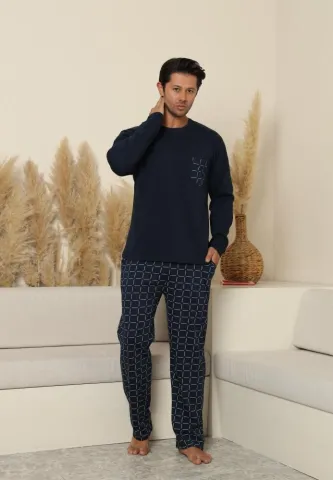 Pijama bărbați cu carou, cu mânecă lungă și pantaloni lungi, cu buzunare, Bleumarin