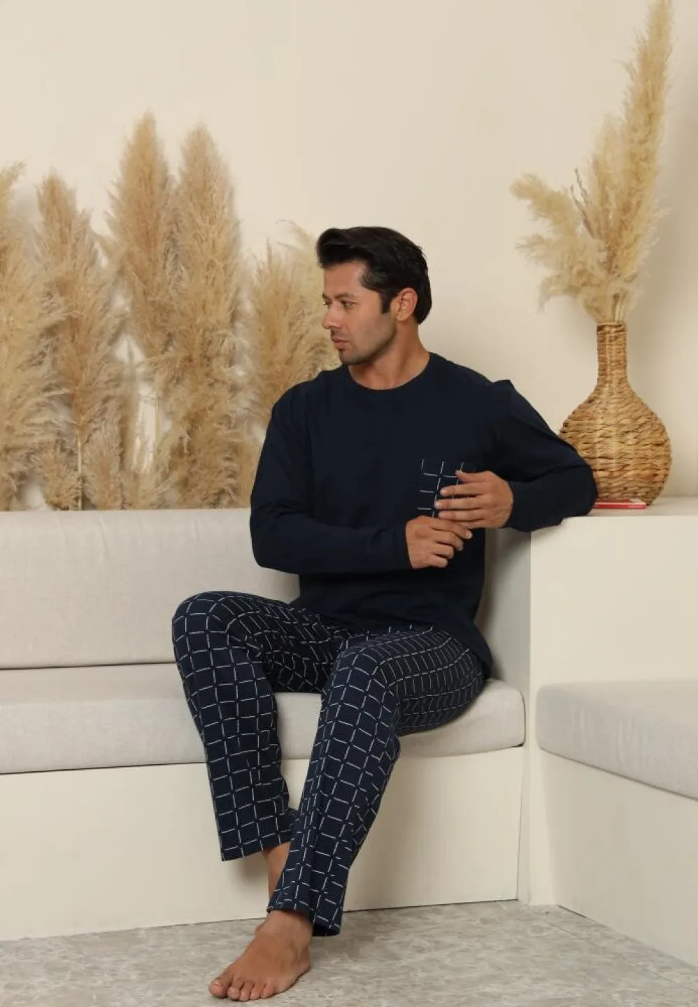 Pijama bărbați cu carou, cu mânecă lungă și pantaloni lungi, cu buzunare, Bleumarin - 4