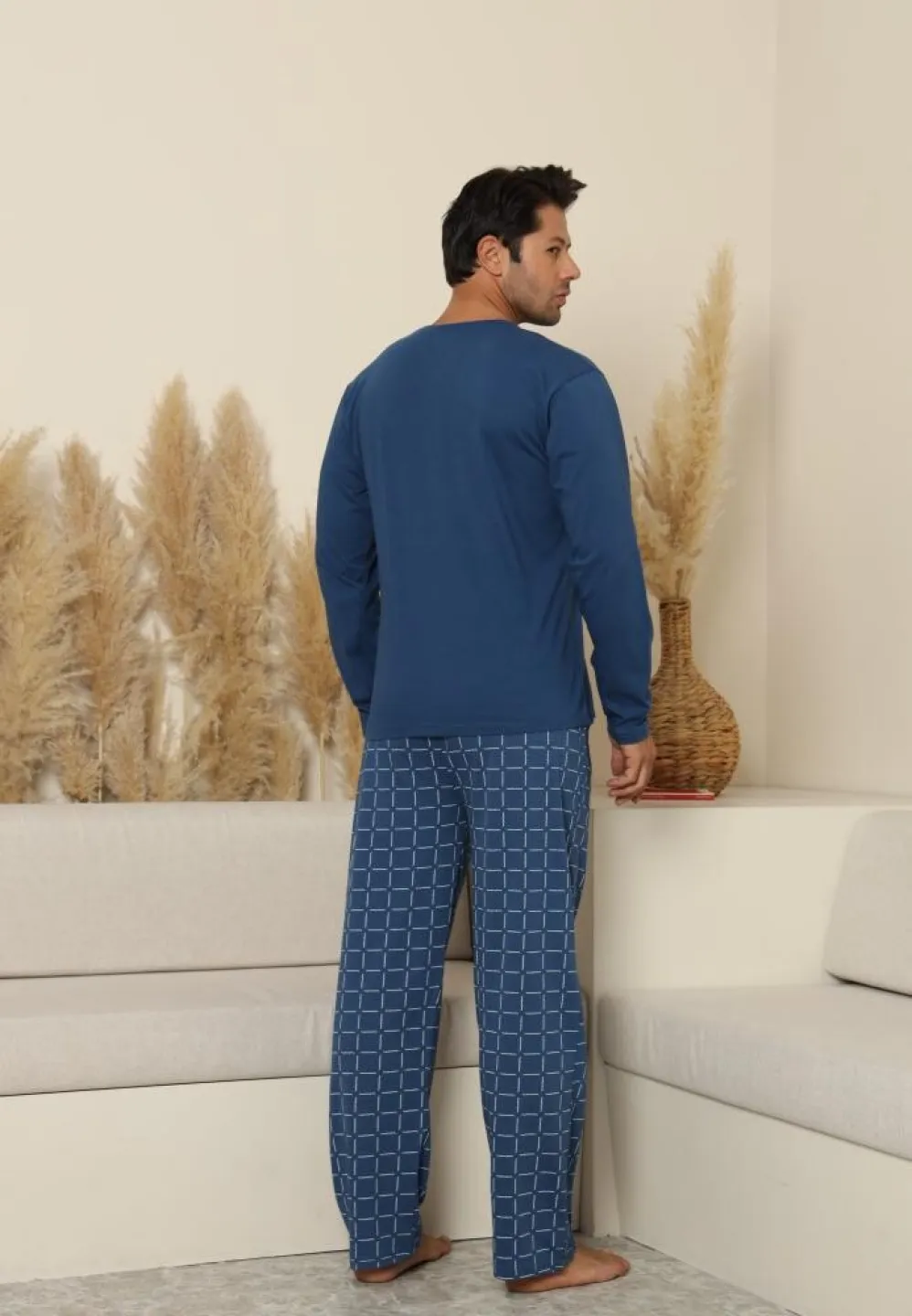 Pijama bărbați cu carou, cu mânecă lungă și pantaloni lungi, cu buzunare, Albastru - 2