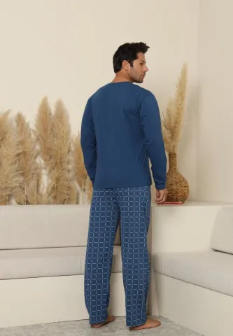 Pijama bărbați cu carou, cu mânecă lungă și pantaloni lungi, cu buzunare, Albastru hover