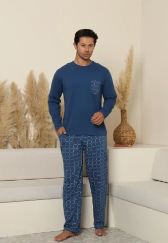 Pijama bărbați cu carou, cu mânecă lungă și pantaloni lungi, cu buzunare, Albastru
