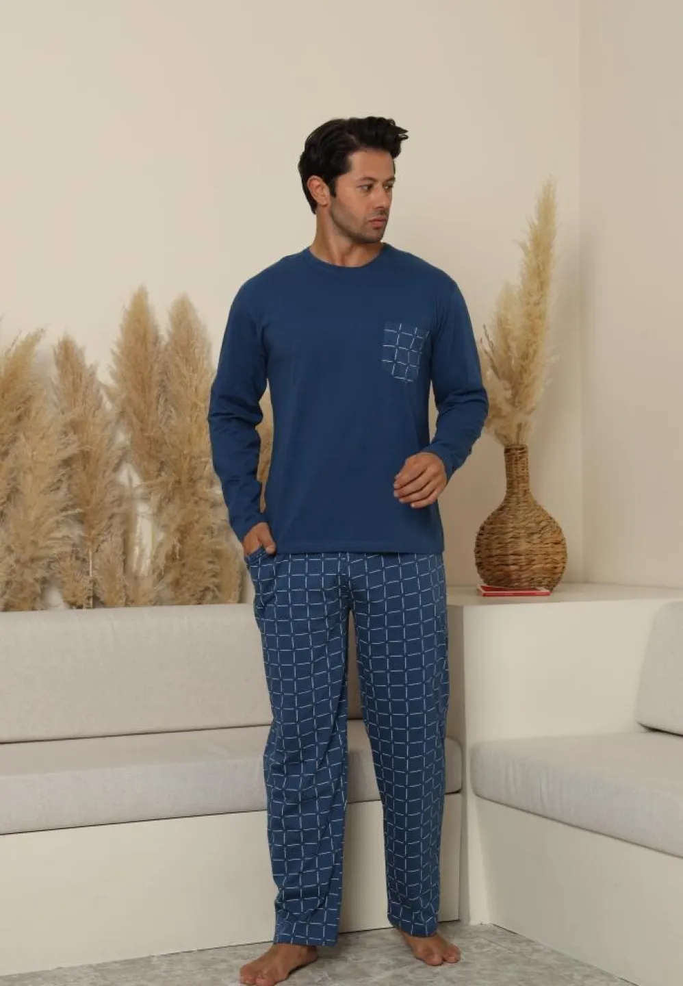 Pijama bărbați cu carou, cu mânecă lungă și pantaloni lungi, cu buzunare, Albastru - 3