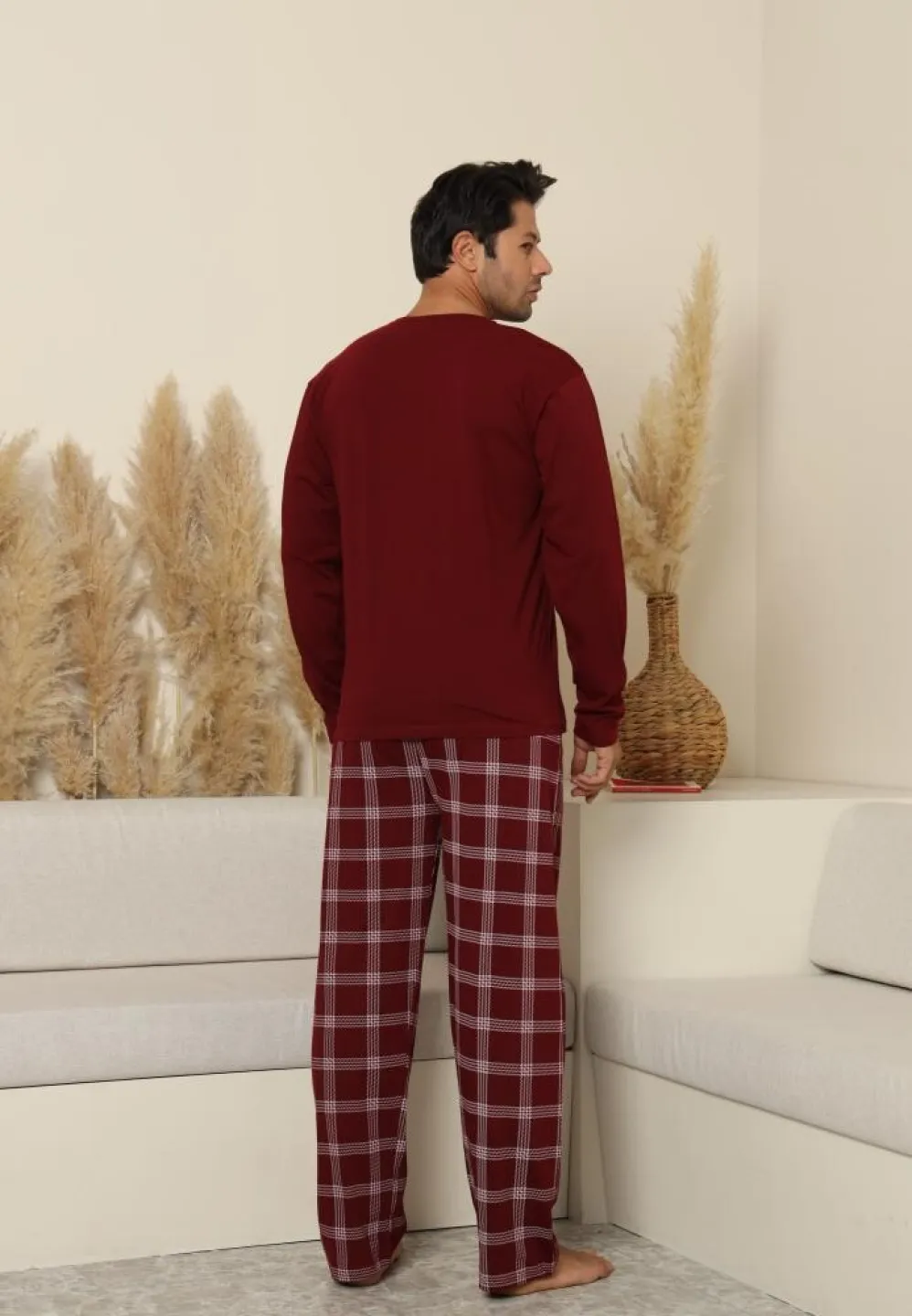 Pijama bărbați cu carou, cu mânecă lungă și pantaloni lungi, cu buzunare, Bordo - 2