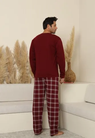 Pijama bărbați cu carou, cu mânecă lungă și pantaloni lungi, cu buzunare, Bordo hover