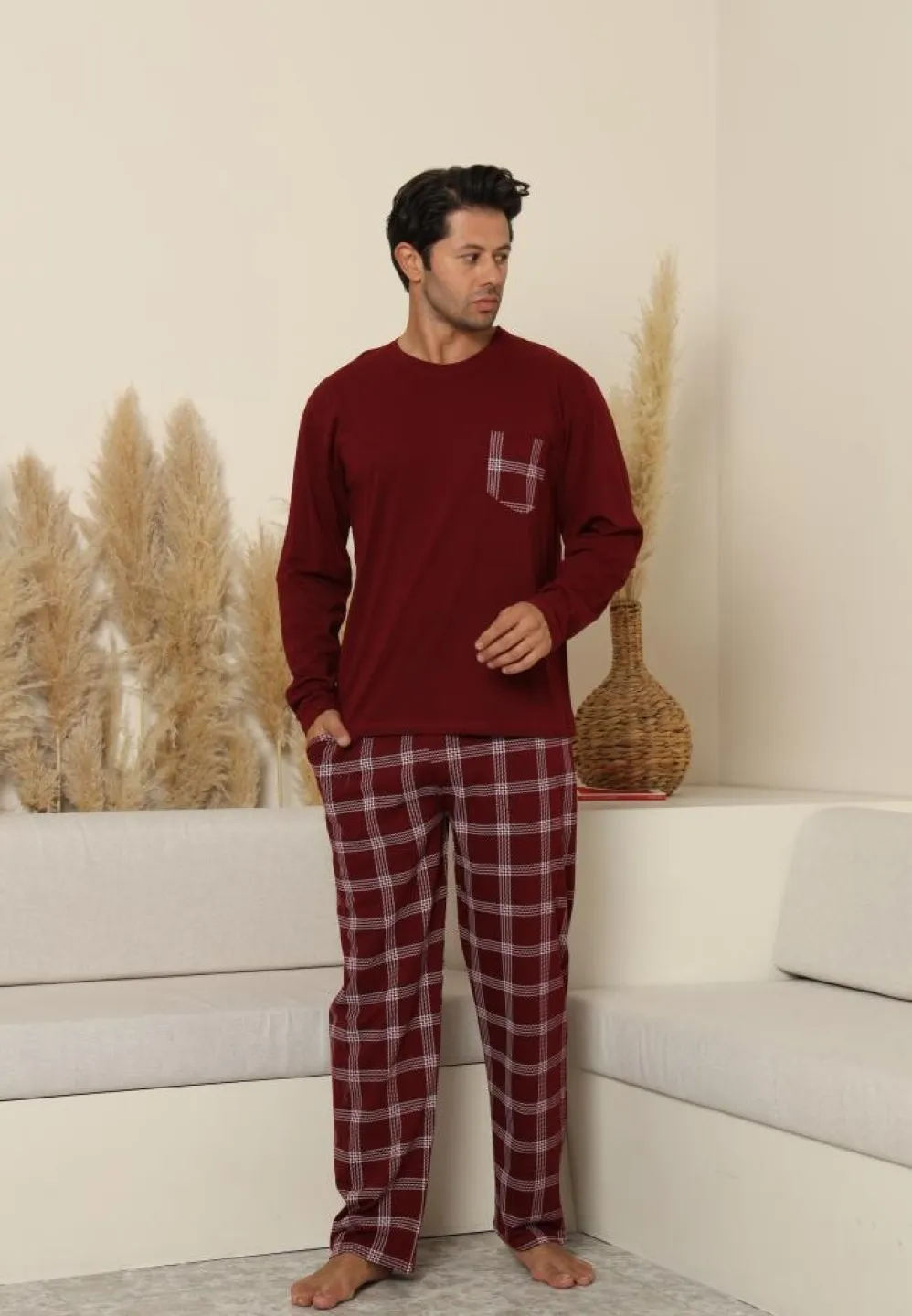 Pijama bărbați cu carou, cu mânecă lungă și pantaloni lungi, cu buzunare, Bordo - 3