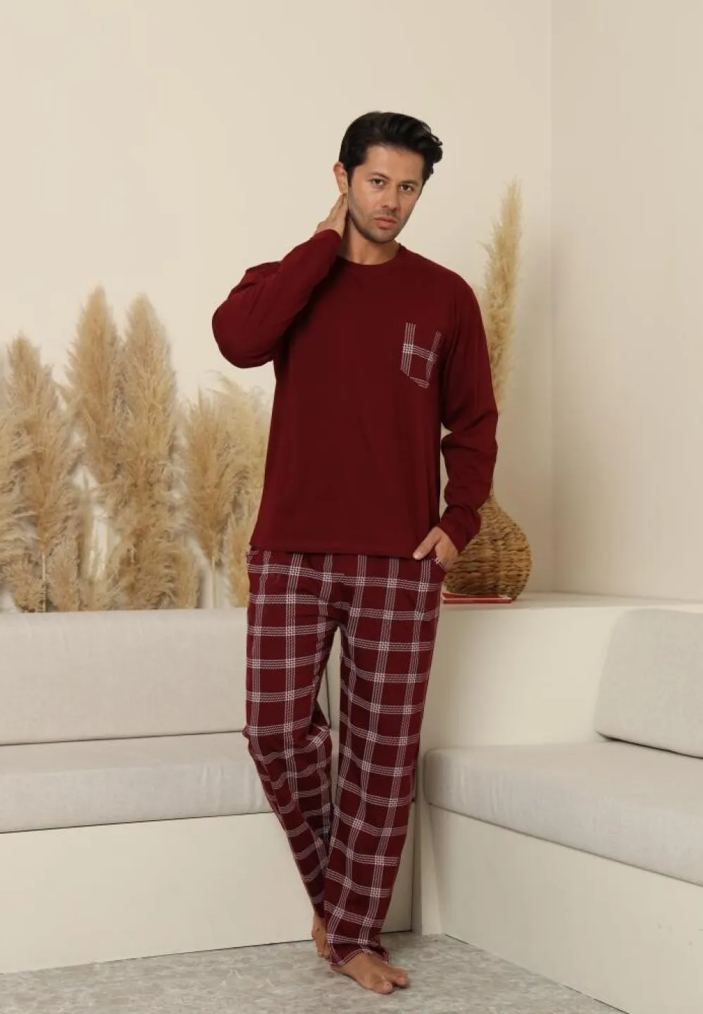 Pijama bărbați cu carou, cu mânecă lungă și pantaloni lungi, cu buzunare, Bordo - 4