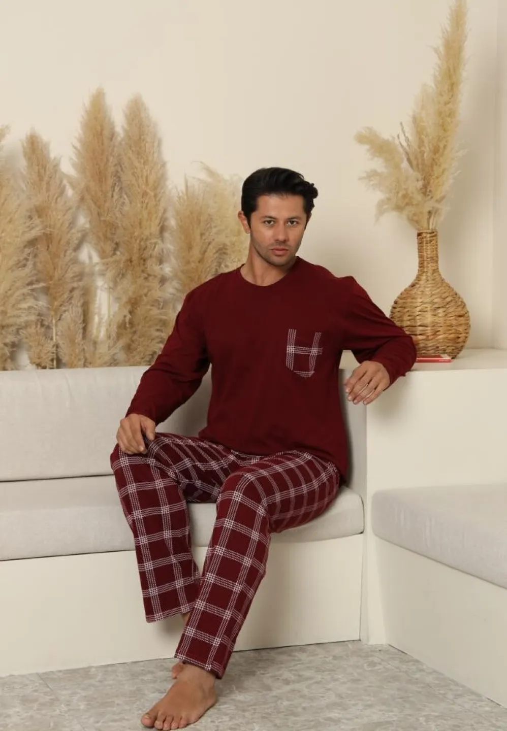 Pijama bărbați cu carou, cu mânecă lungă și pantaloni lungi, cu buzunare, Bordo - 5