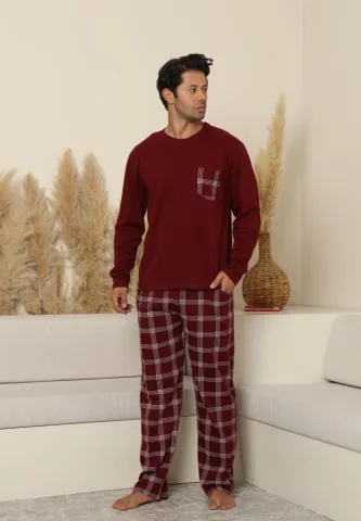 Pijama bărbați cu carou, cu mânecă lungă și pantaloni lungi, cu buzunare, Bordo