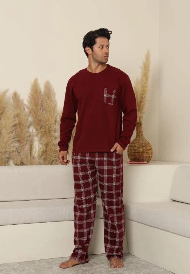 Pijama bărbați cu carou, cu mânecă lungă și pantaloni lungi, cu buzunare, Bordo