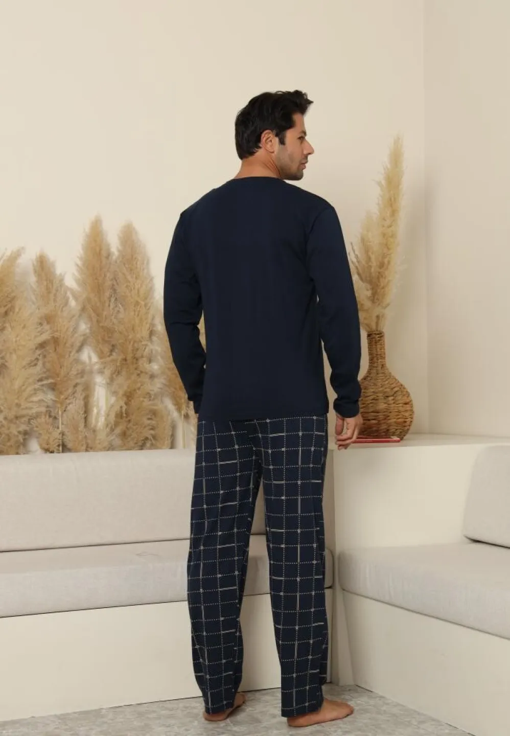 Pijama bărbați cu carou, cu mânecă lungă și pantaloni lungi, cu buzunare, Bleumarin - 2