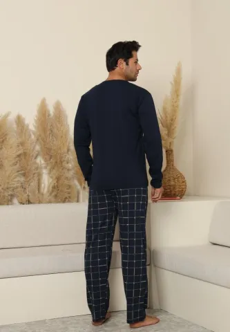 Pijama bărbați cu carou, cu mânecă lungă și pantaloni lungi, cu buzunare, Bleumarin hover
