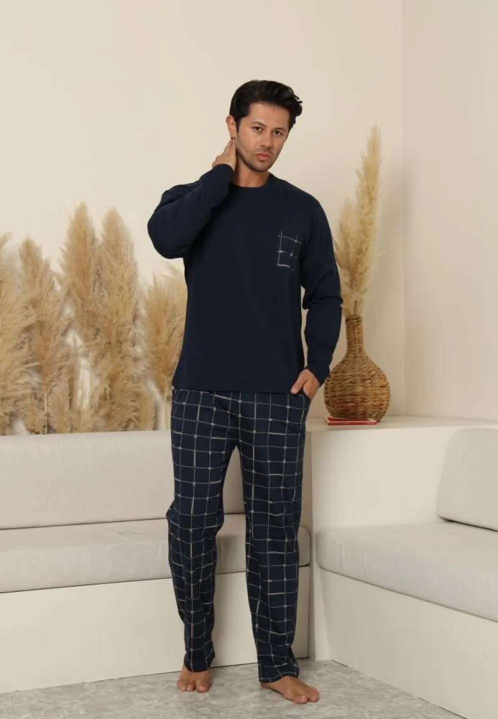 Pijama bărbați cu carou, cu mânecă lungă și pantaloni lungi, cu buzunare, Bleumarin - 1
