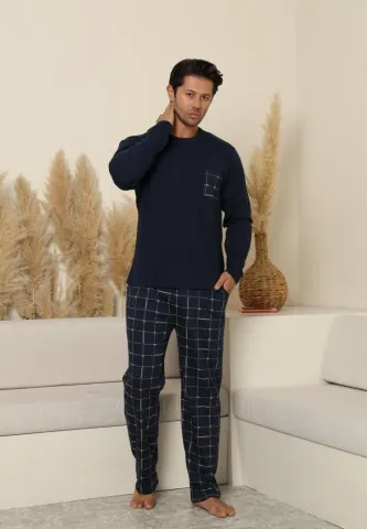Pijama bărbați cu carou, cu mânecă lungă și pantaloni lungi, cu buzunare, Bleumarin