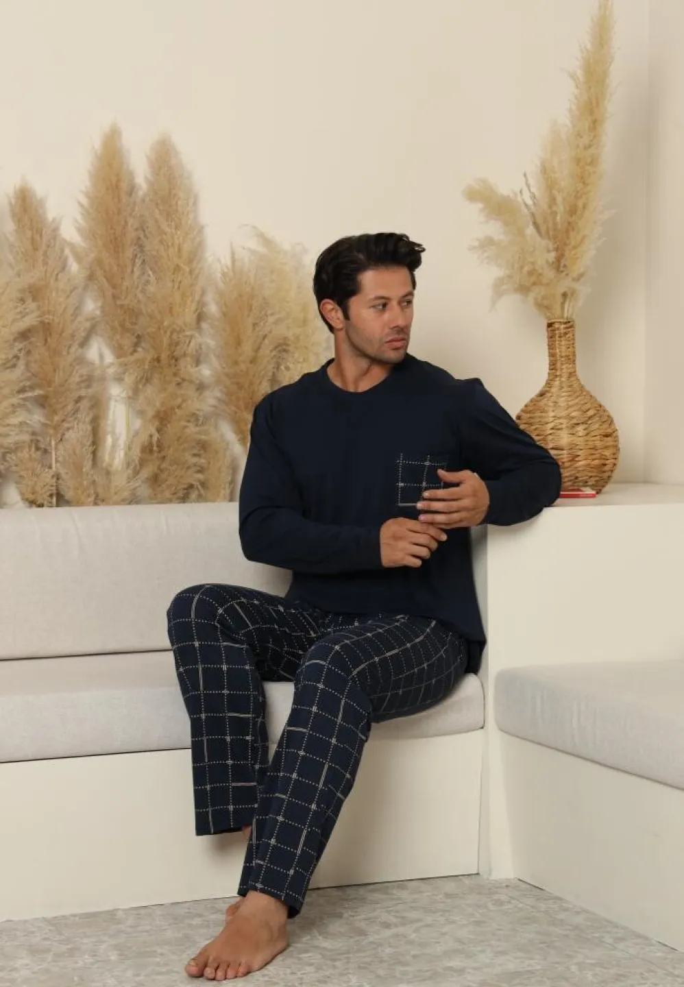Pijama bărbați cu carou, cu mânecă lungă și pantaloni lungi, cu buzunare, Bleumarin - 3