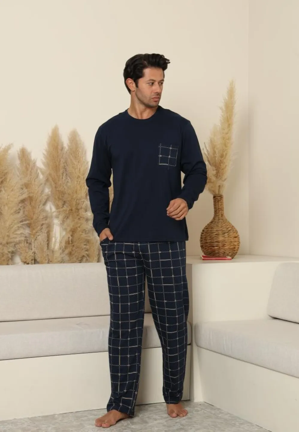 Pijama bărbați cu carou, cu mânecă lungă și pantaloni lungi, cu buzunare, Bleumarin - 4