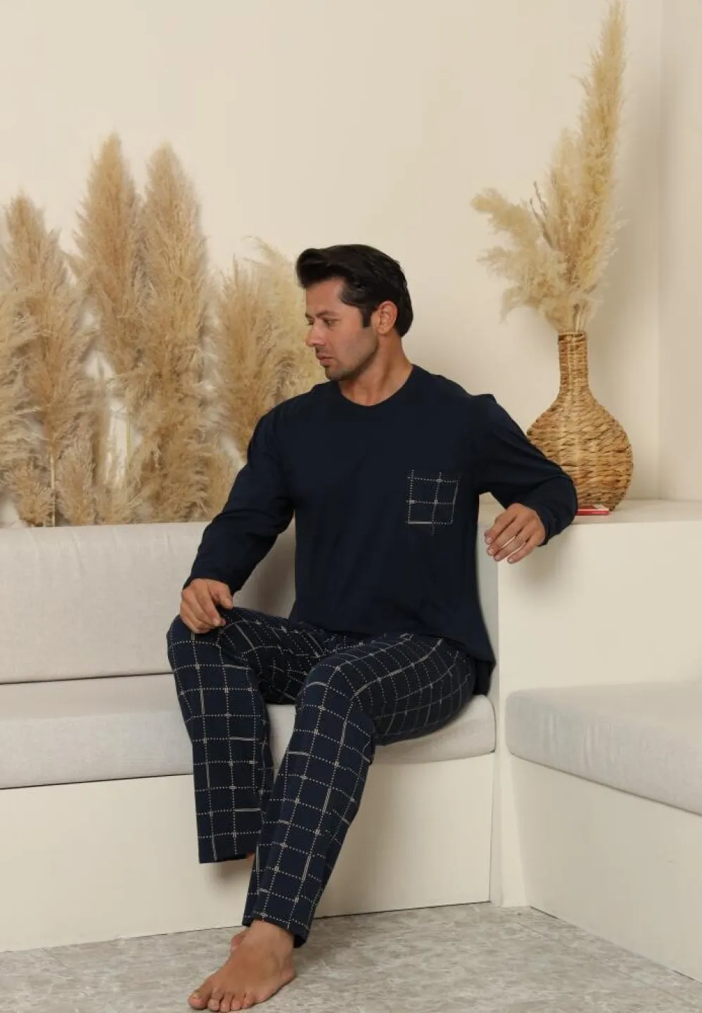 Pijama bărbați cu carou, cu mânecă lungă și pantaloni lungi, cu buzunare, Bleumarin - 5
