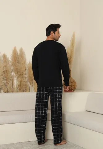 Pijama bărbați cu carou, cu mânecă lungă și pantaloni lungi, cu buzunare, Negru hover