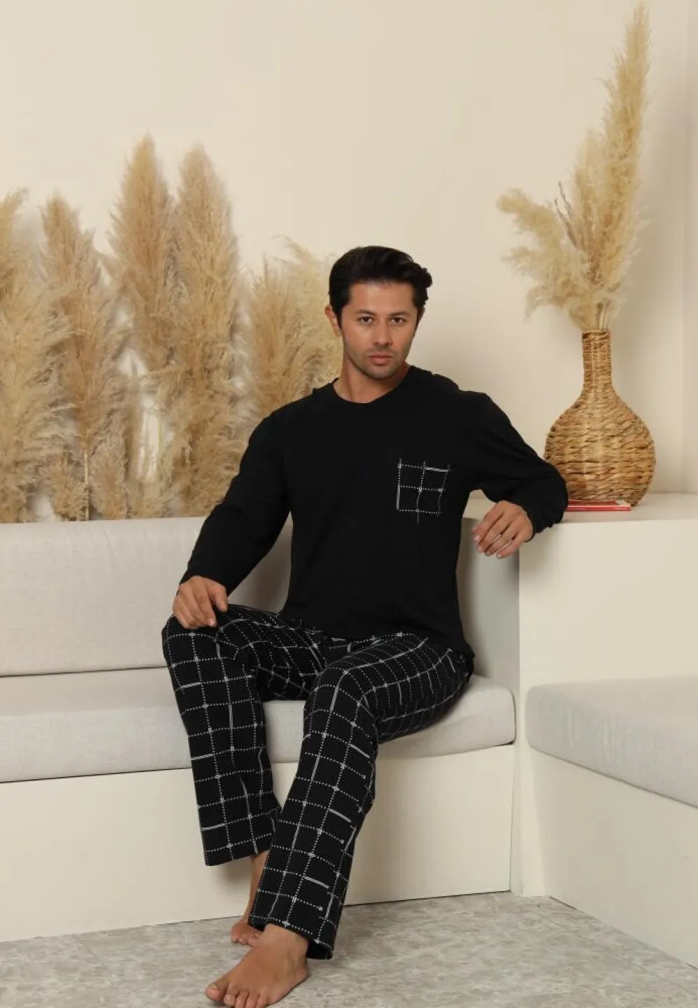 Pijama bărbați cu carou, cu mânecă lungă și pantaloni lungi, cu buzunare, Negru - 3