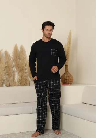 Pijama bărbați cu carou, cu mânecă lungă și pantaloni lungi, cu buzunare, Negru
