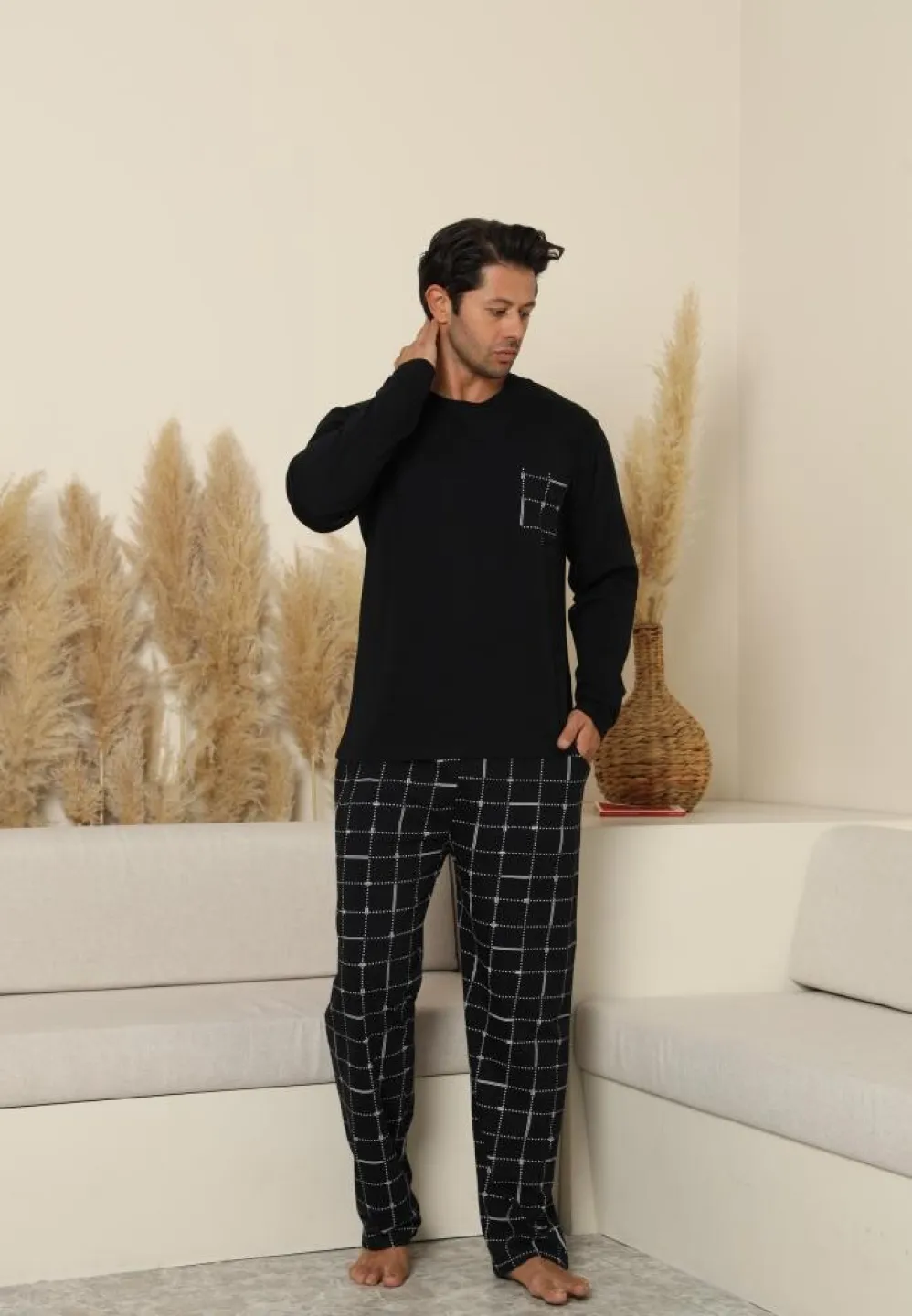 Pijama bărbați cu carou, cu mânecă lungă și pantaloni lungi, cu buzunare, Negru - 4