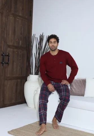 Pijama bărbați cu carou, cu nasturi, mânecă lungă și pantaloni lungi, Bordo