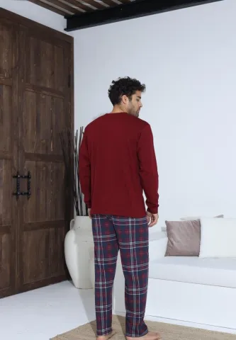 Pijama bărbați cu carou, cu nasturi, mânecă lungă și pantaloni lungi, Bordo hover
