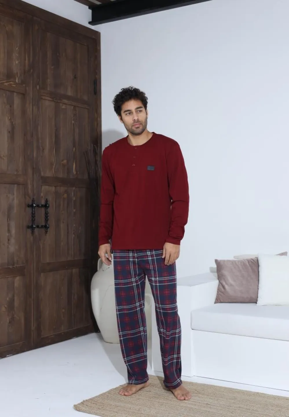 Pijama bărbați cu carou, cu nasturi, mânecă lungă și pantaloni lungi, Bordo - 3