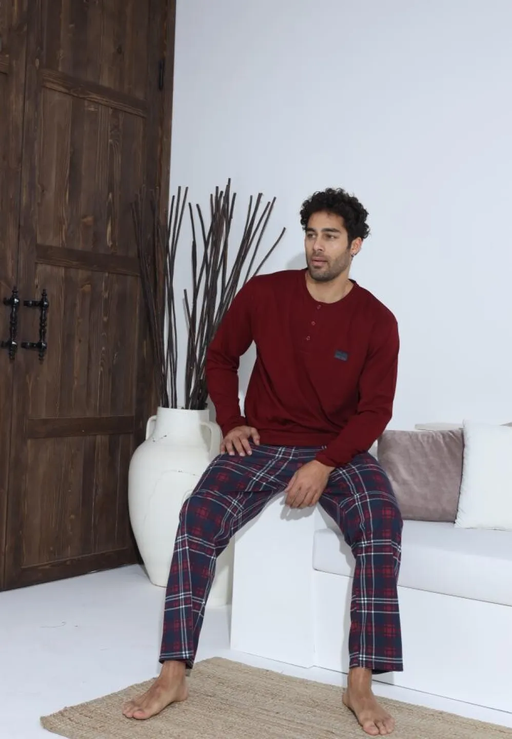 Pijama bărbați cu carou, cu nasturi, mânecă lungă și pantaloni lungi, Bordo - 4