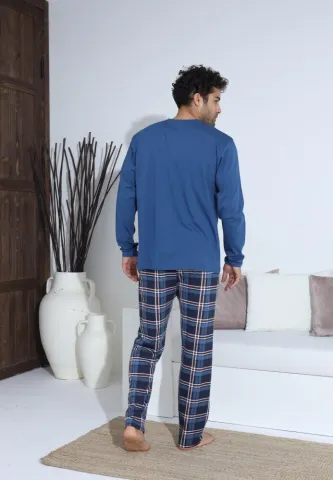 Pijama bărbați cu carou, cu nasturi, mânecă lungă și pantaloni lungi, Albastru hover