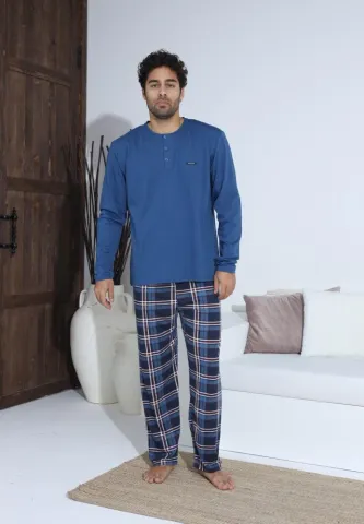 Pijama bărbați cu carou, cu nasturi, mânecă lungă și pantaloni lungi, Albastru