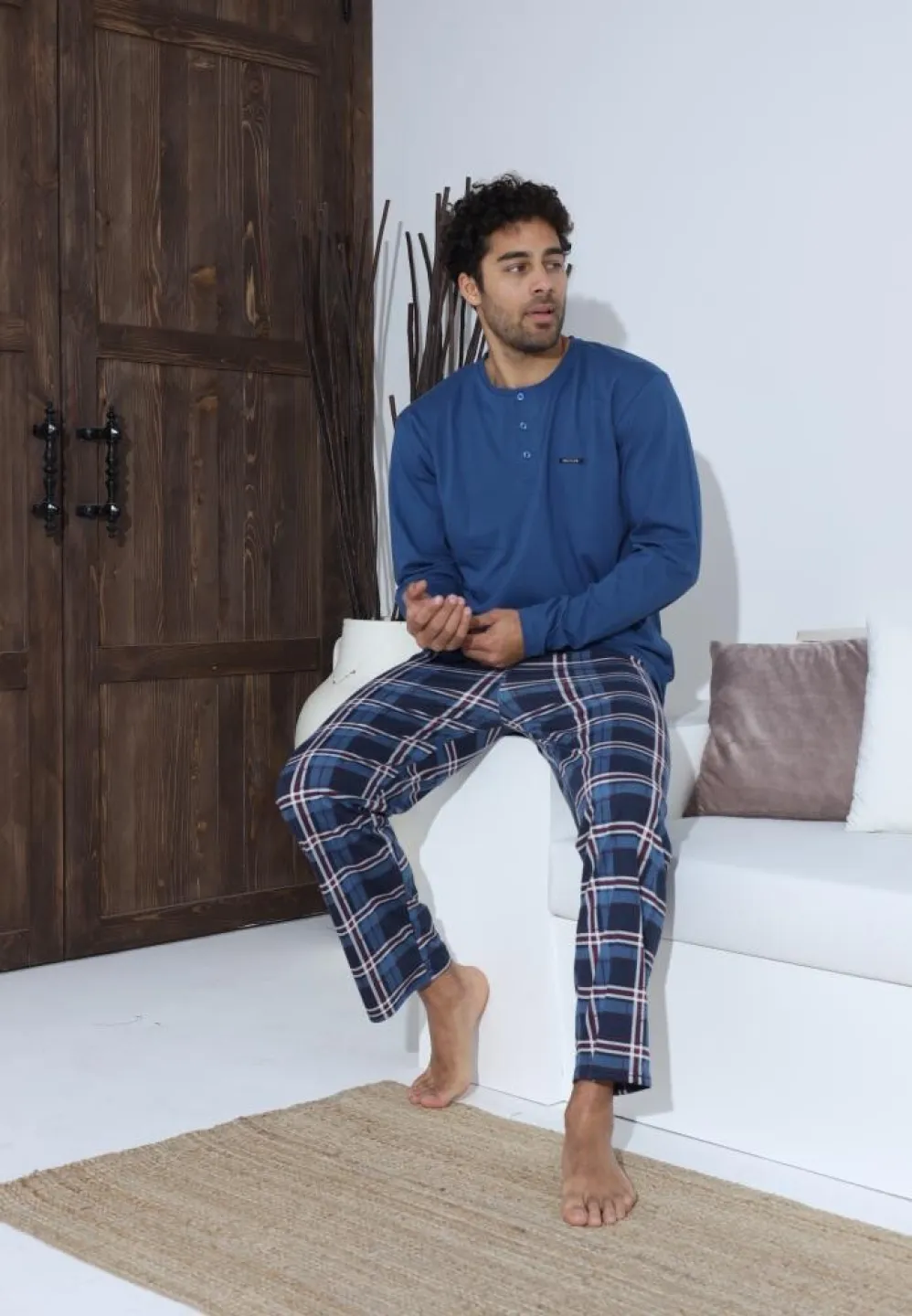 Pijama bărbați cu carou, cu nasturi, mânecă lungă și pantaloni lungi, Albastru - 3