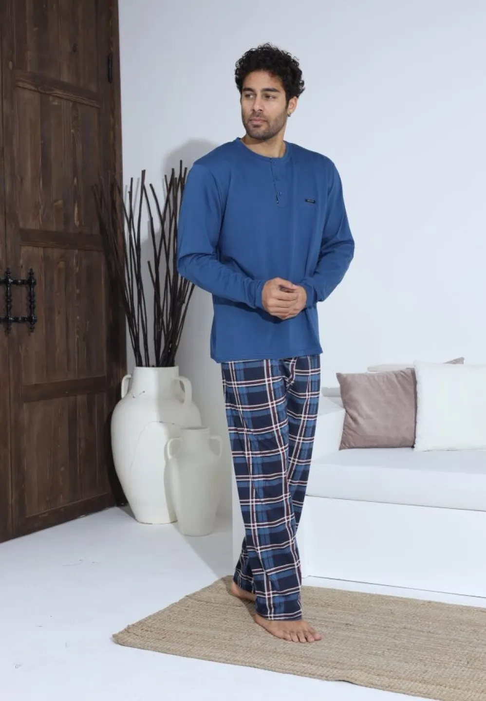 Pijama bărbați cu carou, cu nasturi, mânecă lungă și pantaloni lungi, Albastru - 4