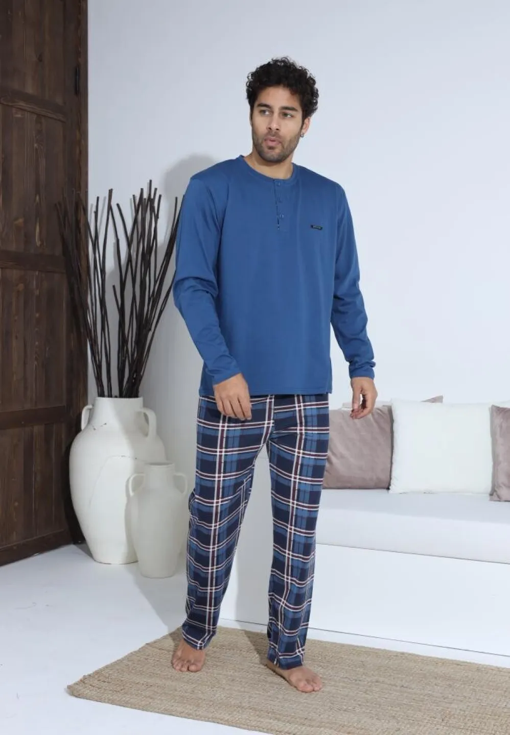 Pijama bărbați cu carou, cu nasturi, mânecă lungă și pantaloni lungi, Albastru - 5