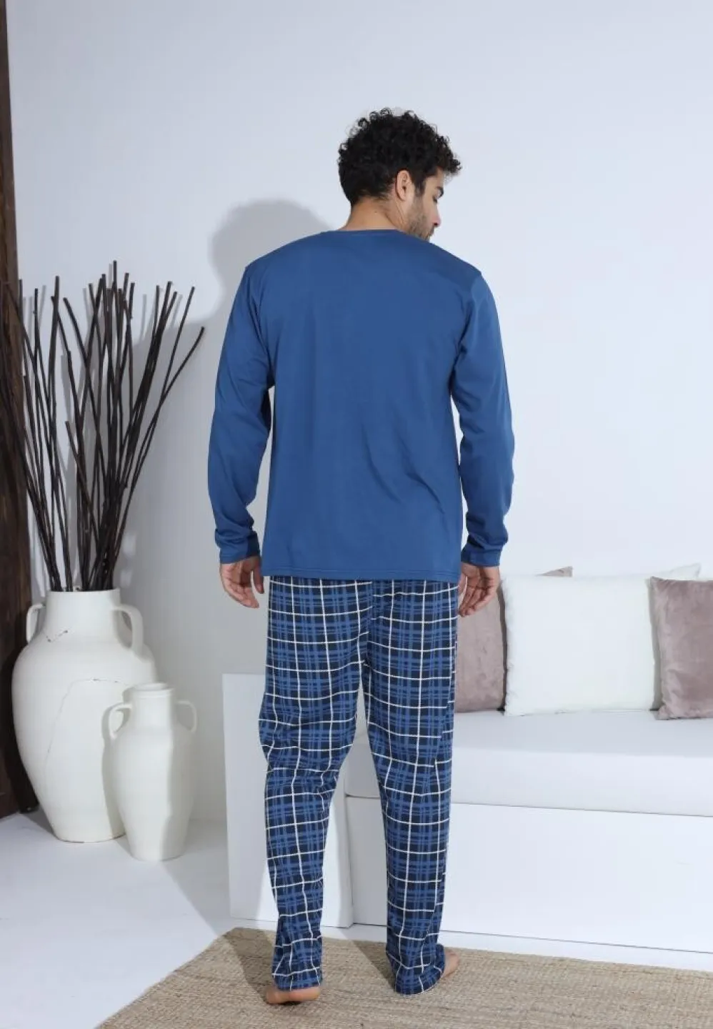 Pijama bărbați cu carou, cu nasturi, mânecă lungă și pantaloni lungi, Albastru cu Alb - 2