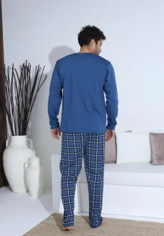 Pijama bărbați cu carou, cu nasturi, mânecă lungă și pantaloni lungi, Albastru cu Alb hover